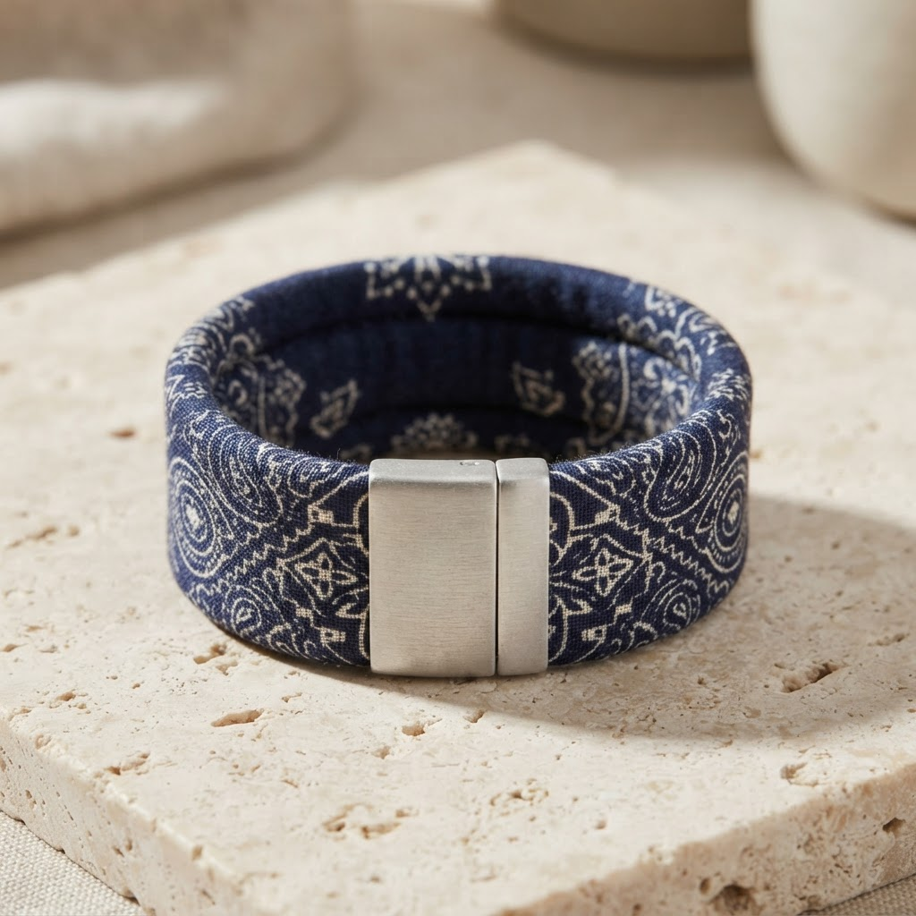 The Baglet Indigo Bandana bracelet — one continuous wide textile band with a single brushed-steel magnetic clasp