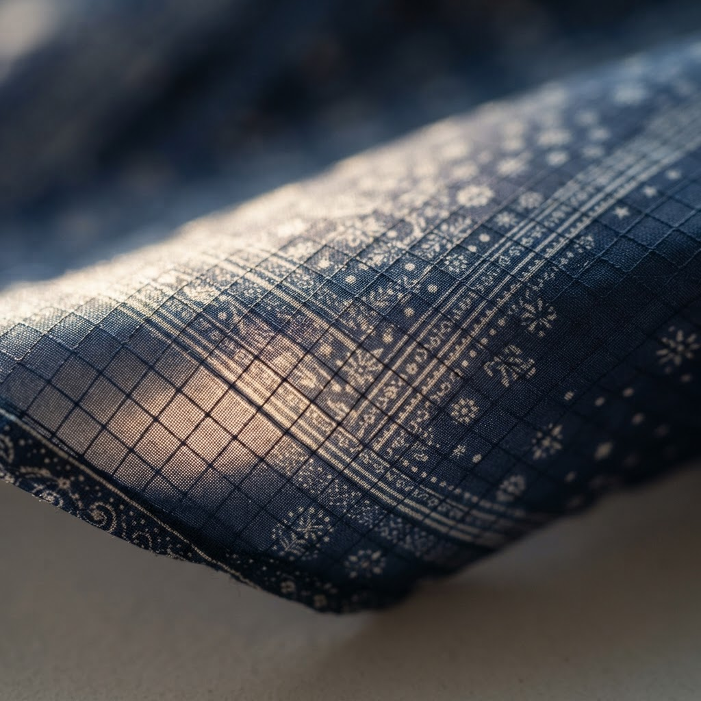 Macro of the ultralight navy ripstop nylon bag fabric with a tonal bandana print