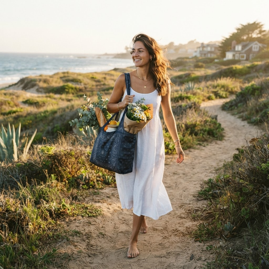A person walking a sandy coastal path at golden hour