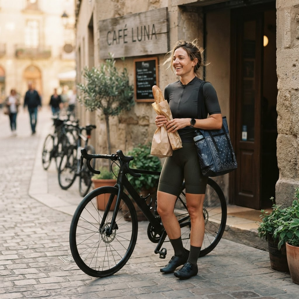 A cyclist at a café, the bracelet on the wrist