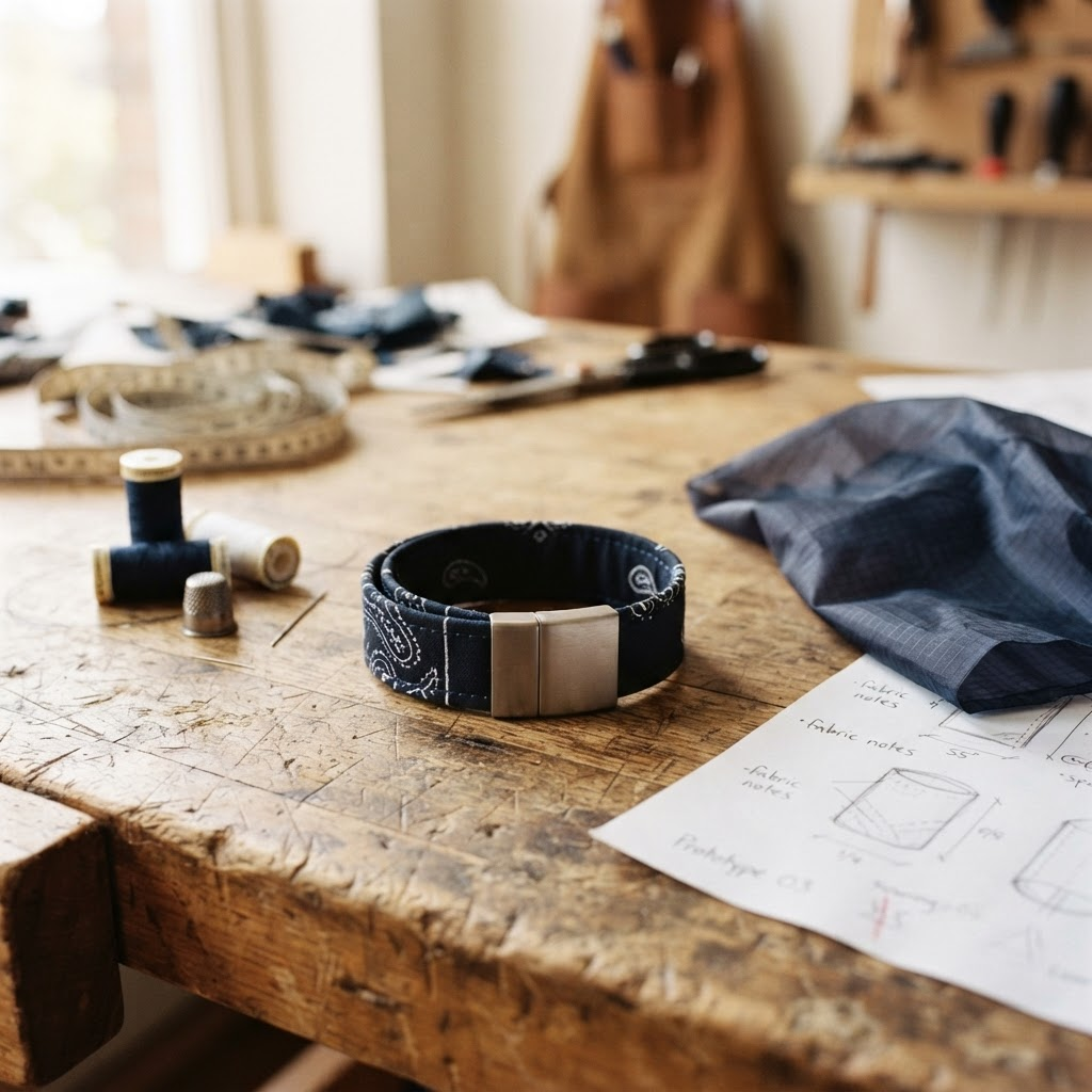 A finished hand-sewn prototype bracelet resting on a workbench beside thread, ripstop nylon and sketches